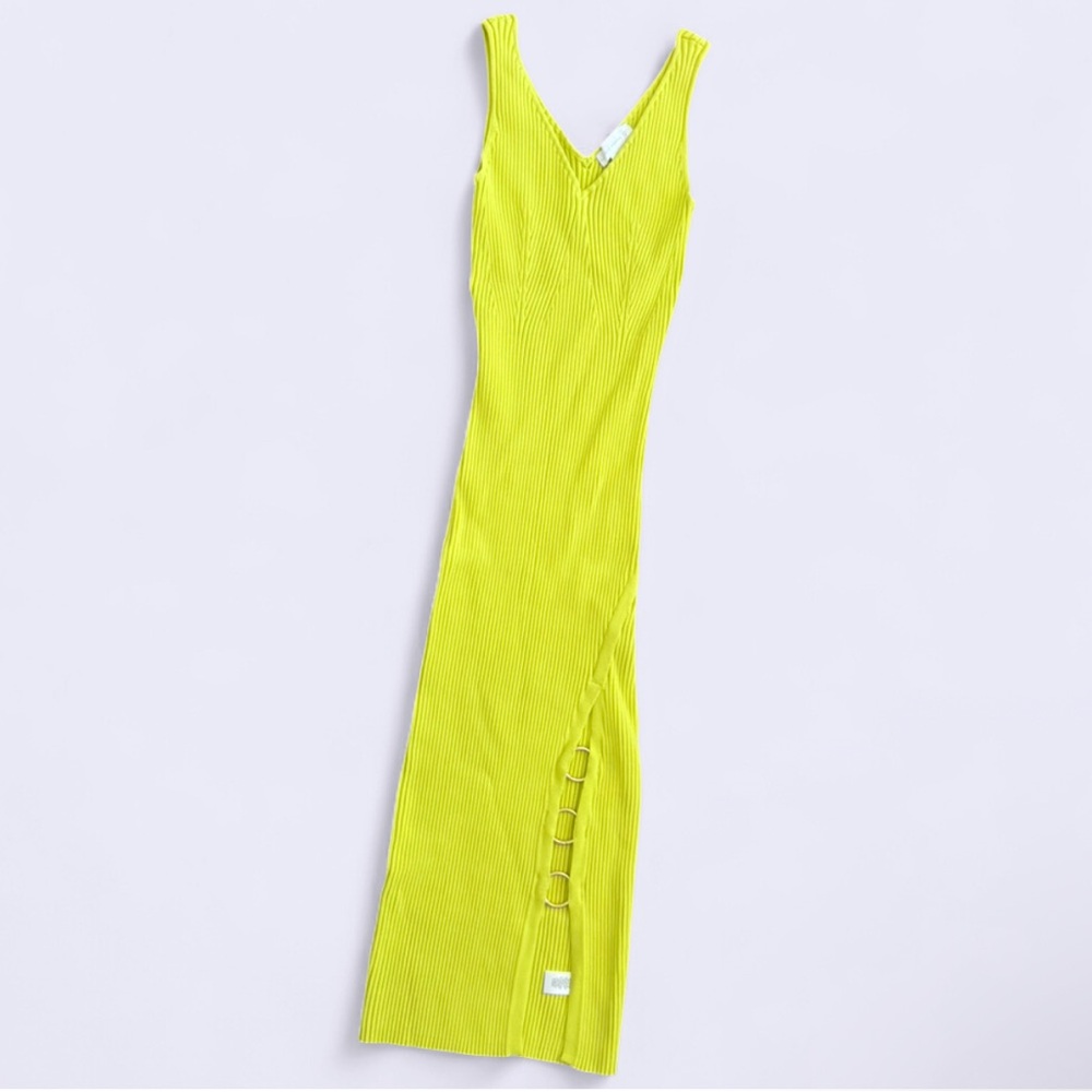 House of Harlow Neon Lime Ribbed Knit Dress Gold Ring Slit XS